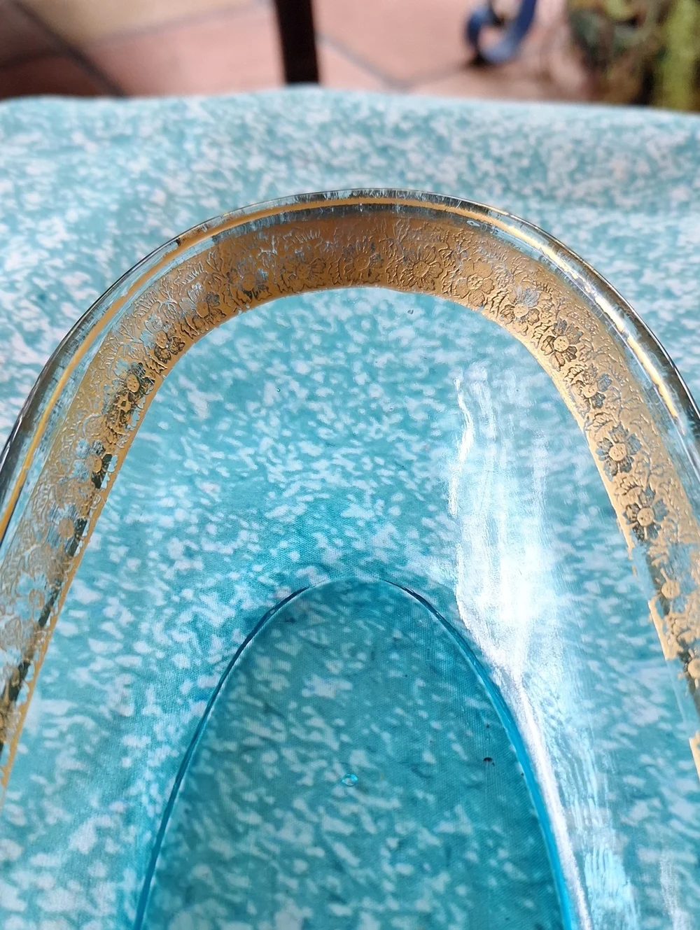 Vintage Blue Glass Bowl with Gold Trim